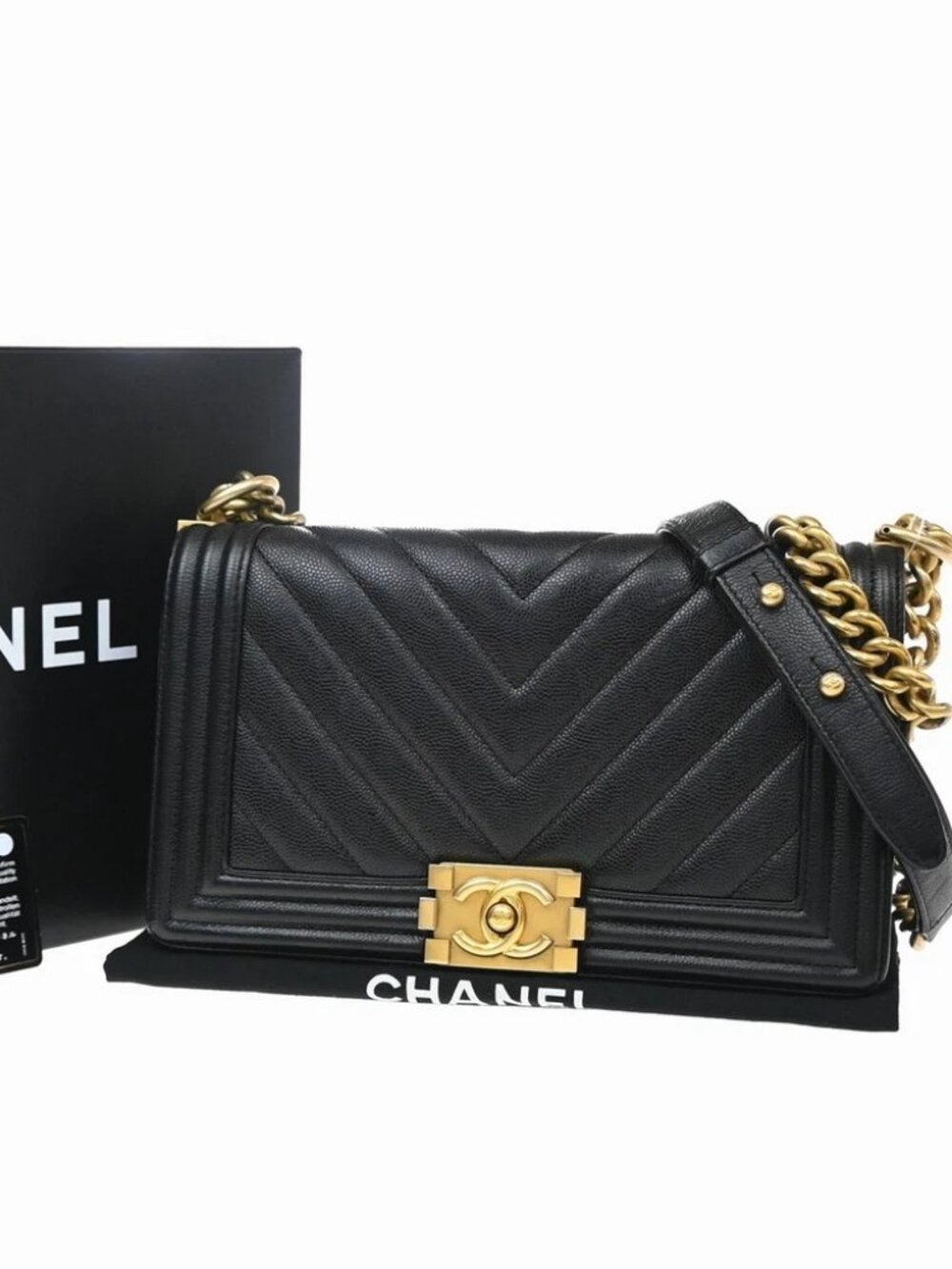 CHANEL CC Logo Boy Chain Shoulder Bag Grained Calfskin Leather Black